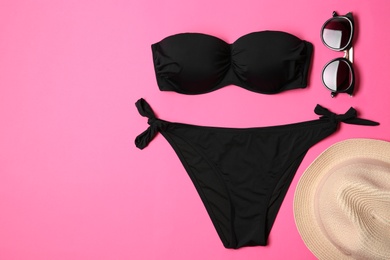 Photo of Flat lay composition with stylish bikini on color background. Space for text