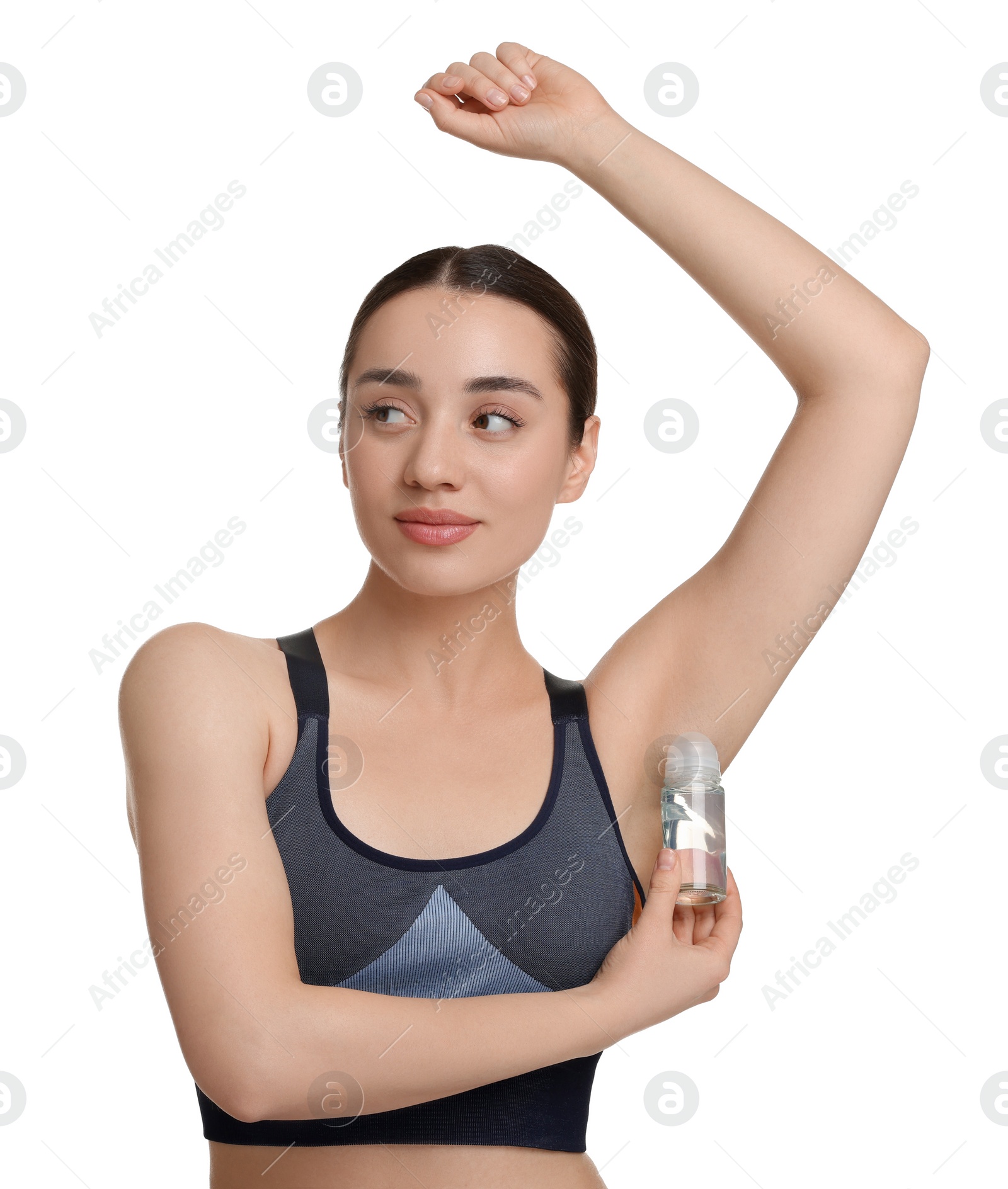 Photo of Beautiful woman applying deodorant on white background