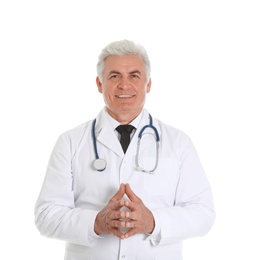 Photo of Portrait of male doctor with stethoscope isolated on white. Medical staff