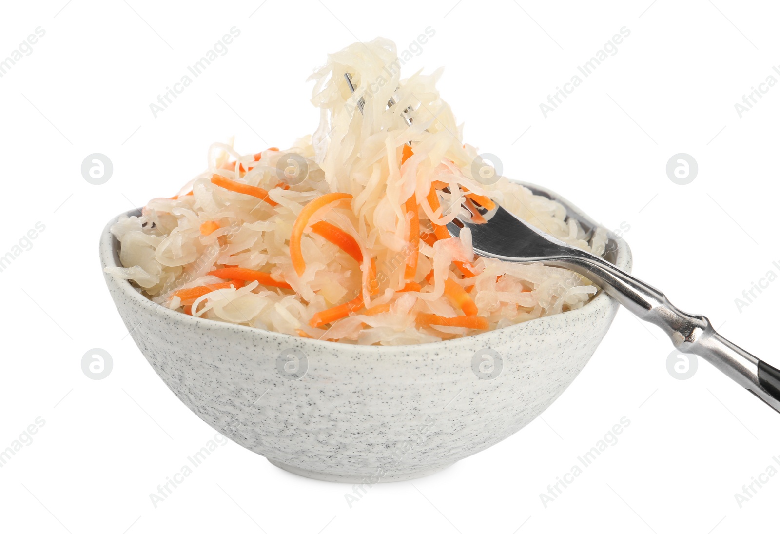 Photo of Fork and bowl of tasty sauerkraut with carrot on white background