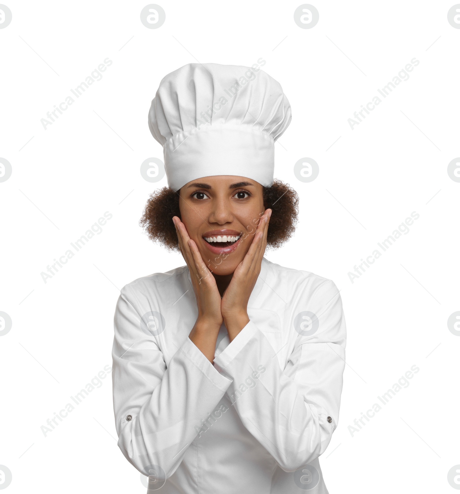 Photo of Portrait of happy female chef in uniform on white background