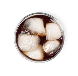 Glass of refreshing soda water with ice cubes isolated on white, top view