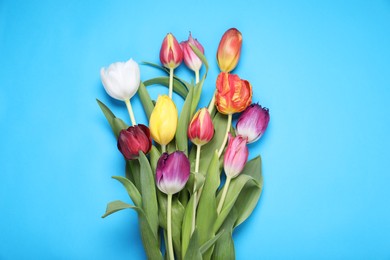 Photo of Beautiful colorful tulip flowers on light blue background, top view