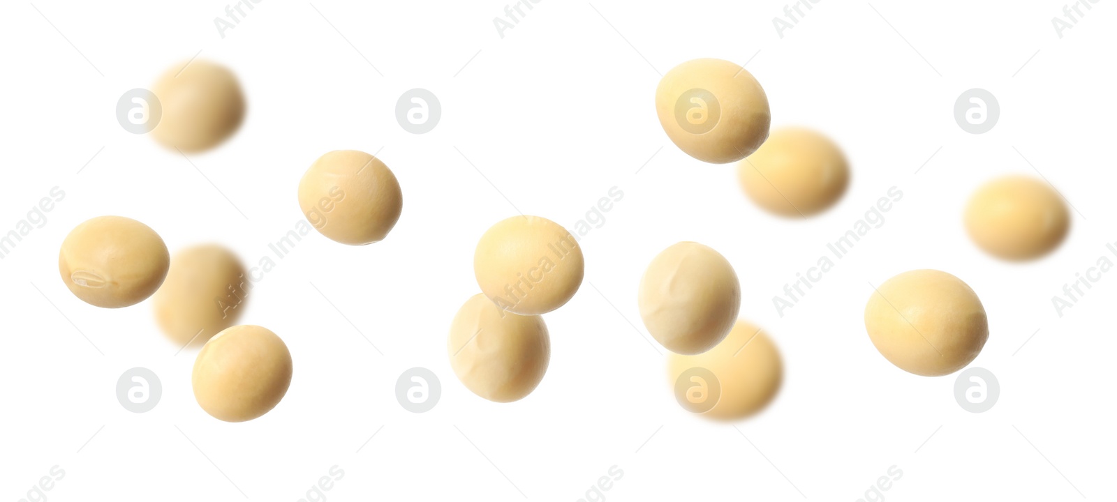 Image of Many soy beans falling on white background, banner design. Vegan diet 
