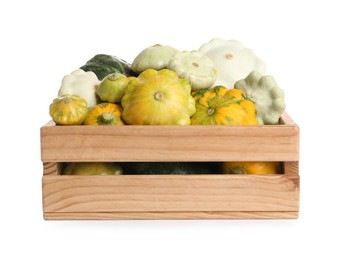 Photo of Fresh ripe pattypan squashes in wooden crate on white background