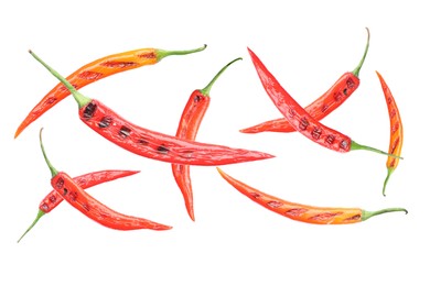 Image of Grilled chili peppers in air on white background