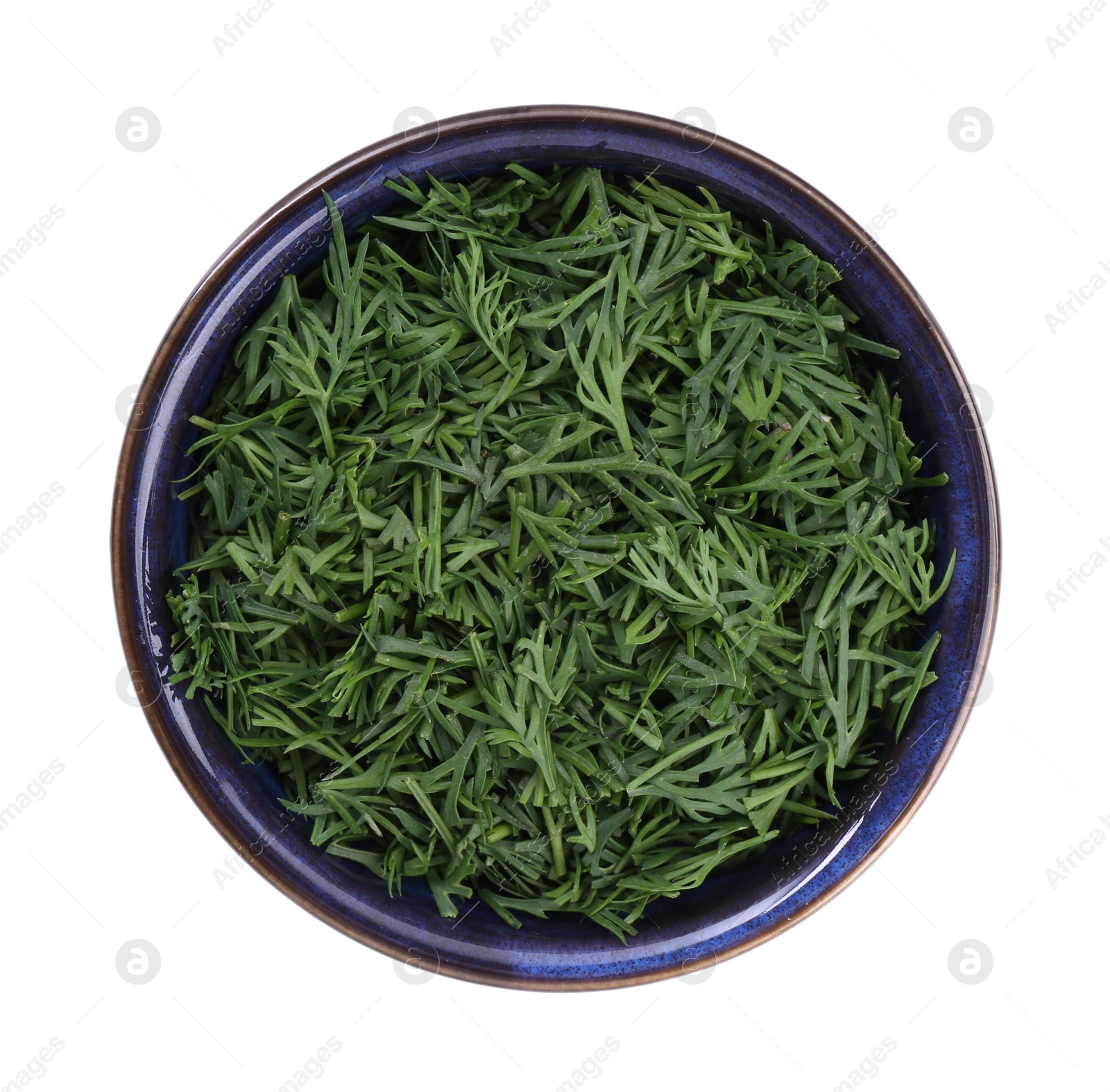 Photo of Fresh cut dill in bowl isolated on white, top view