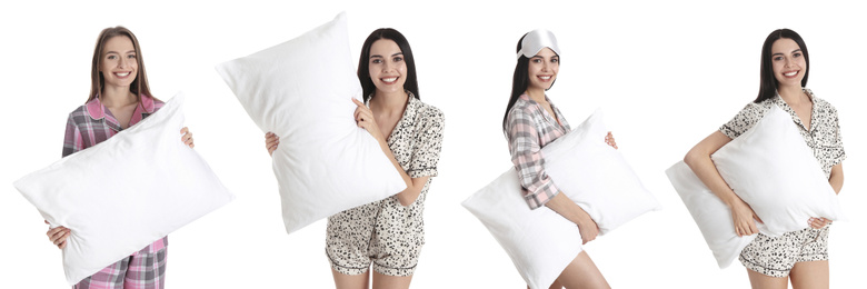 Image of Collage of young women in pajamas with pillows against white background. Banner design