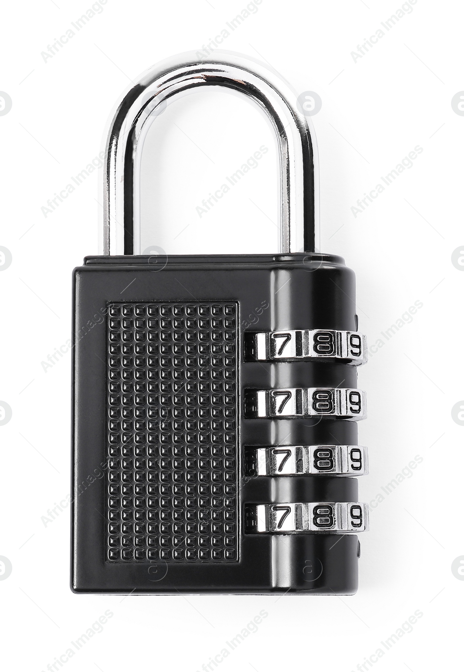 Photo of Locked steel combination padlock isolated on white, top view