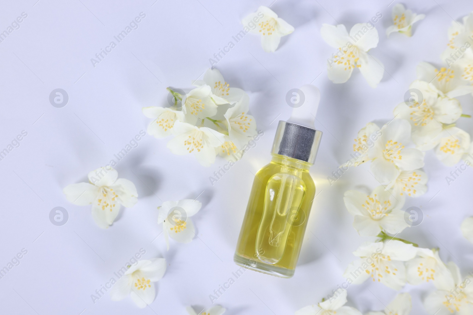 Photo of Essential oil in bottle and beautiful jasmine flowers on white background, flat lay