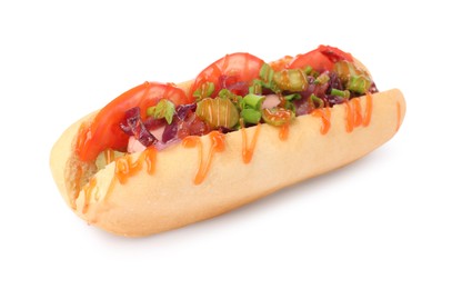 Photo of One tasty hot dog with green onion, tomato, pickles and sauce isolated on white