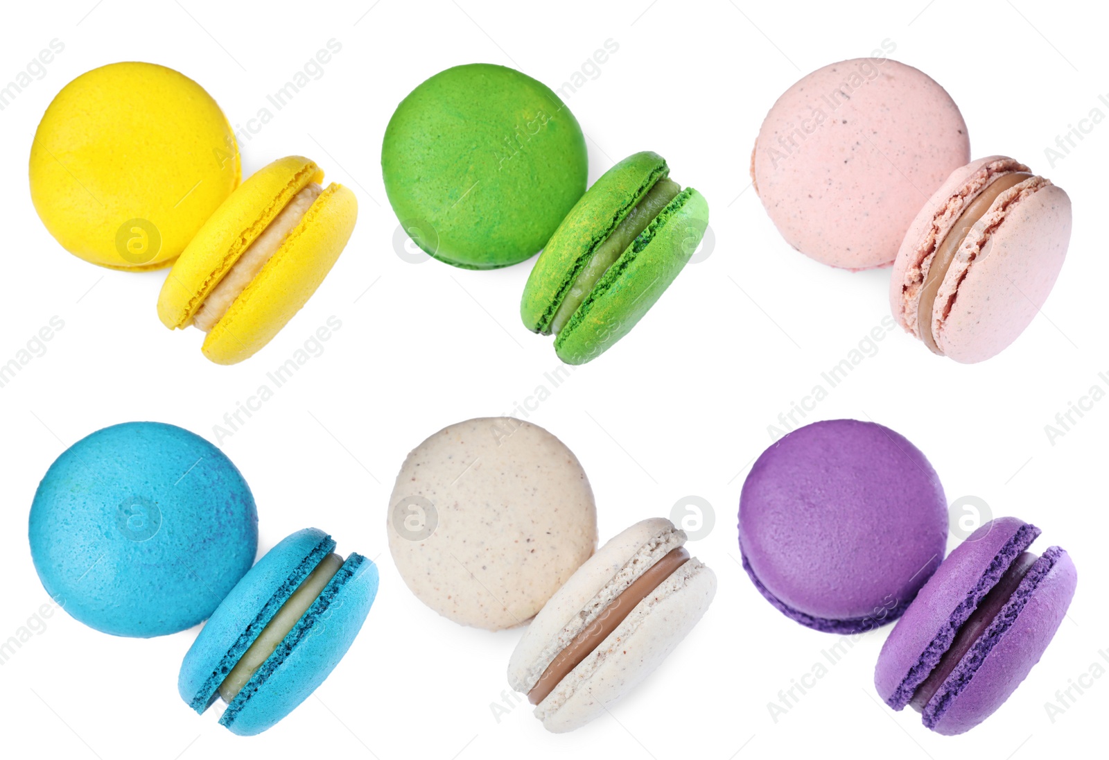 Image of Set with different delicious macarons on white background, top view