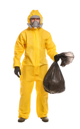 Photo of Man in chemical protective suit holding trash bag on white background. Virus research