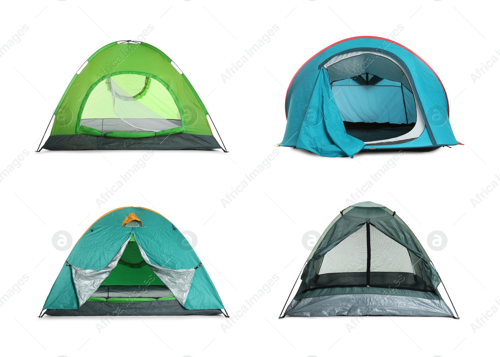 Image of Set with different bright camping tents on white background