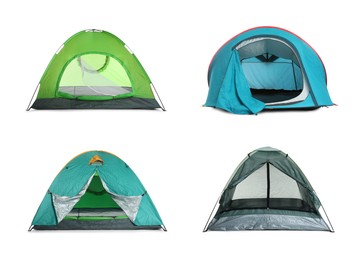 Image of Set with different bright camping tents on white background