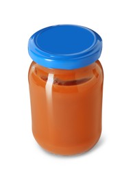 Baby food. Tasty healthy puree in jar isolated on white