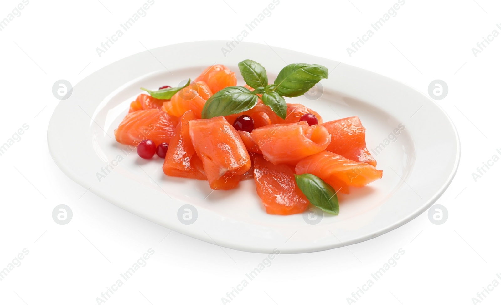 Photo of Salmon carpaccio with cranberries and basil isolated on white