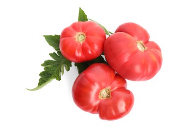 Photo of Fresh ripe red tomatoes with leaves on white background, top view