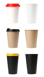 Image of Set of paper coffee cups on white background