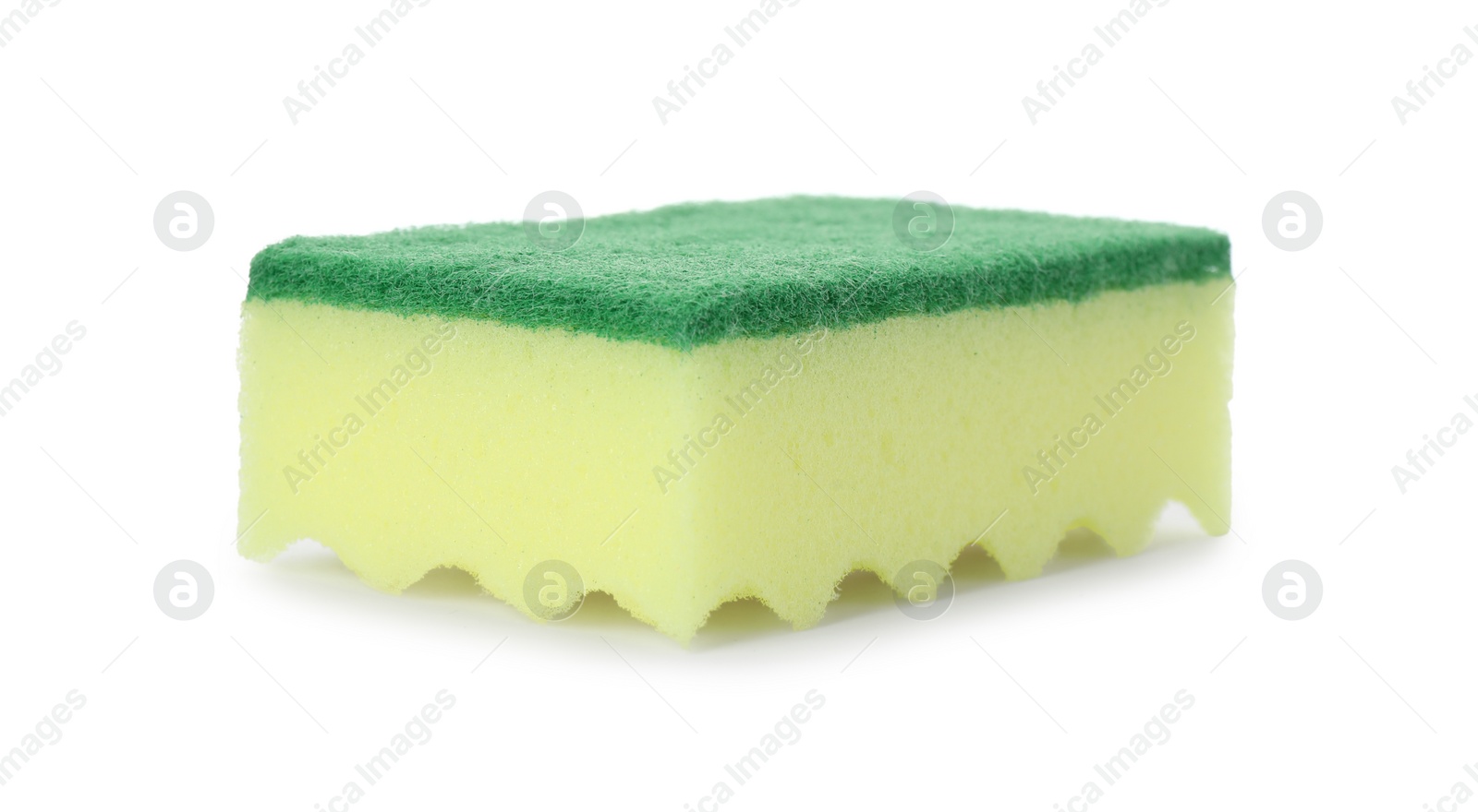 Photo of Yellow cleaning sponge with abrasive green scourer isolated on white