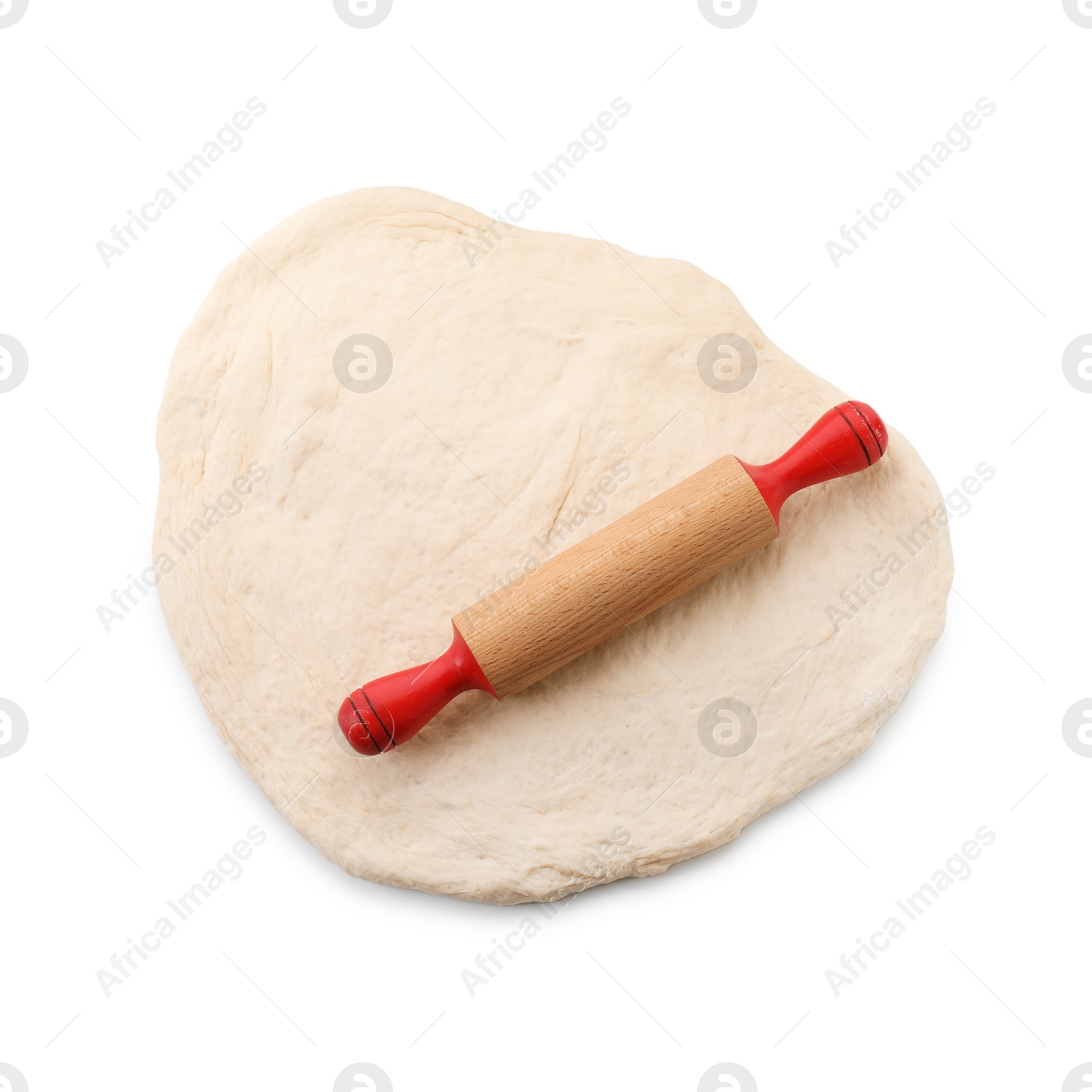 Photo of Raw dough and rolling pin isolated on white, top view