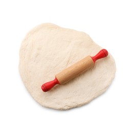 Photo of Raw dough and rolling pin isolated on white, top view