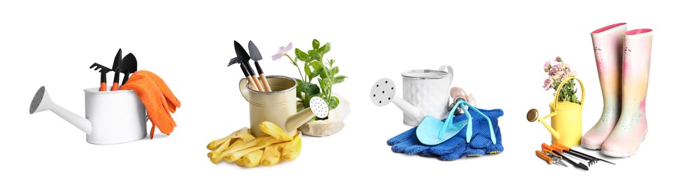 Image of Set with watering cans and different gardening tools on white background. Banner design