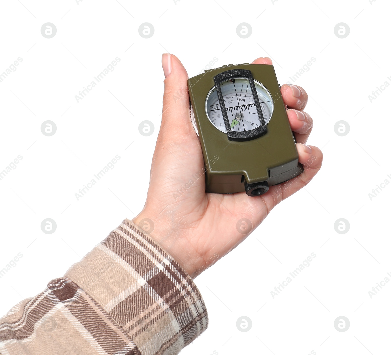 Photo of Woman holding compass on white background, closeup