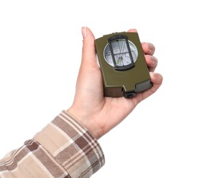 Photo of Woman holding compass on white background, closeup