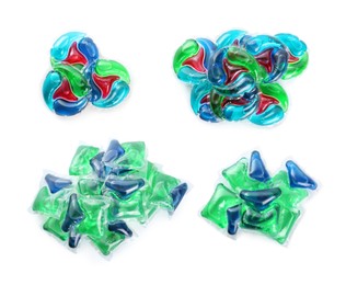 Image of Set with laundry capsules on white background, top view. Detergent pods