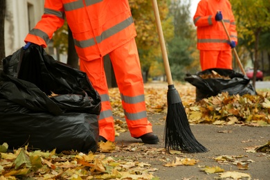 Photo of Workers cleaning street from fallen leaves on autumn day, closeup