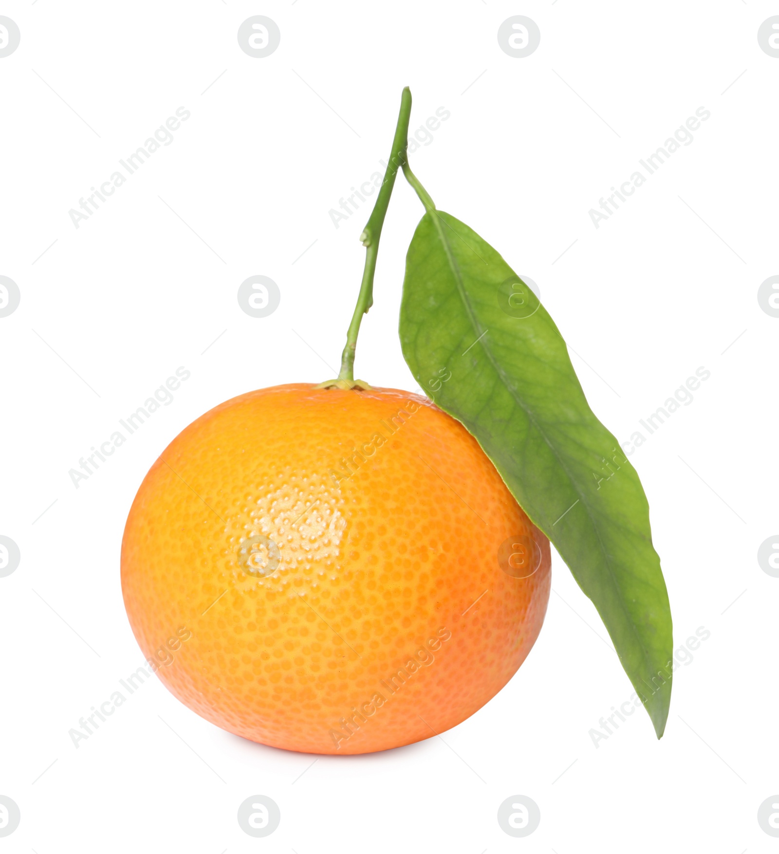 Photo of Fresh ripe juicy tangerine with green leaf isolated on white