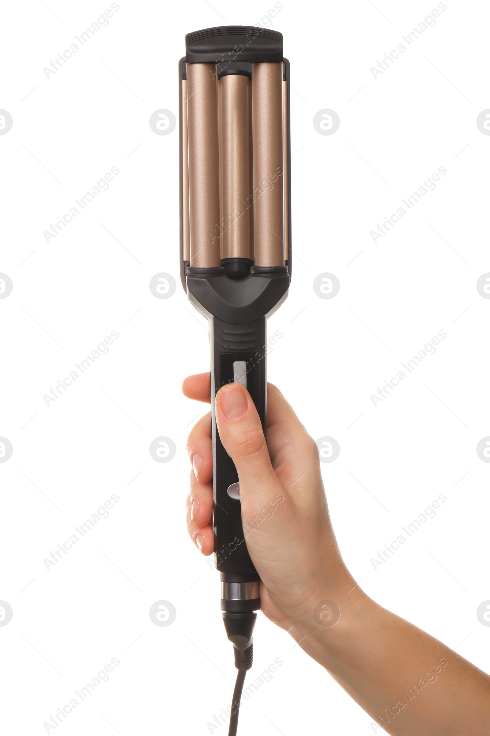 Photo of Woman holding modern triple curling iron on white background, closeup