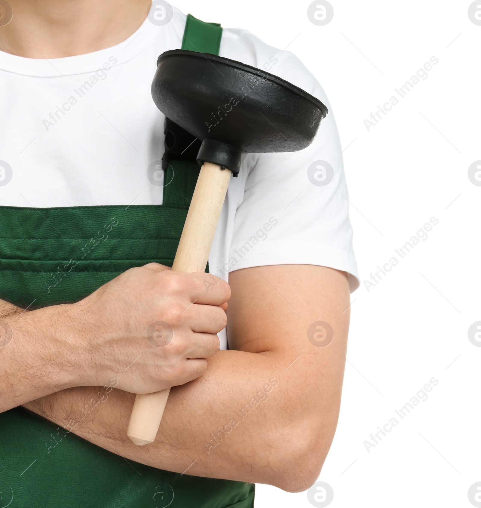 Photo of Young plumber with force cup on white background, closeup