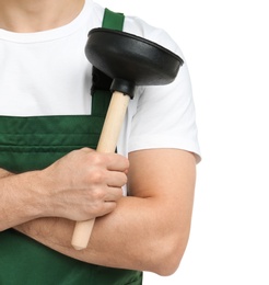 Photo of Young plumber with force cup on white background, closeup