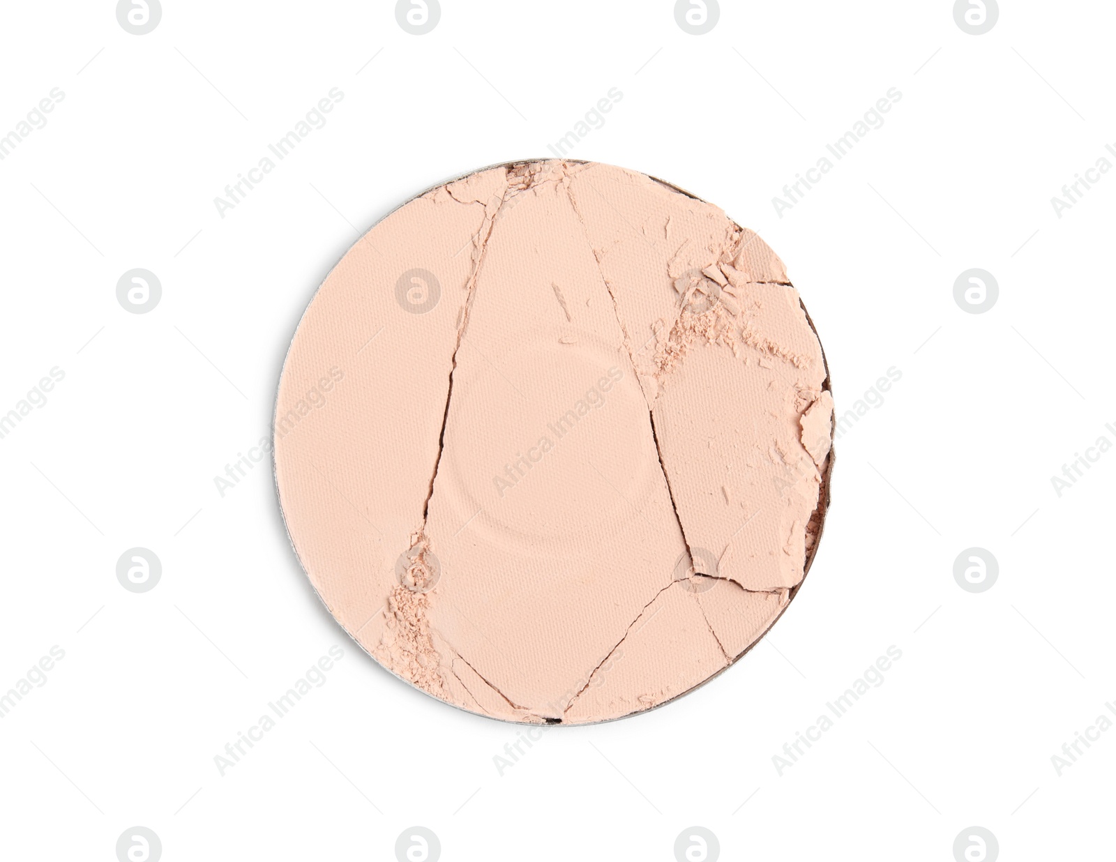 Photo of Broken face powder on white background, top view