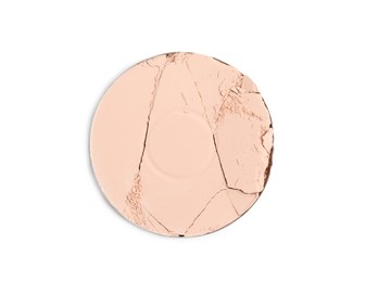 Broken face powder on white background, top view