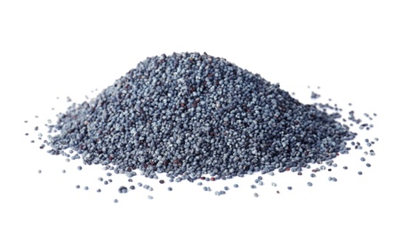 Heap of poppy seeds on white background