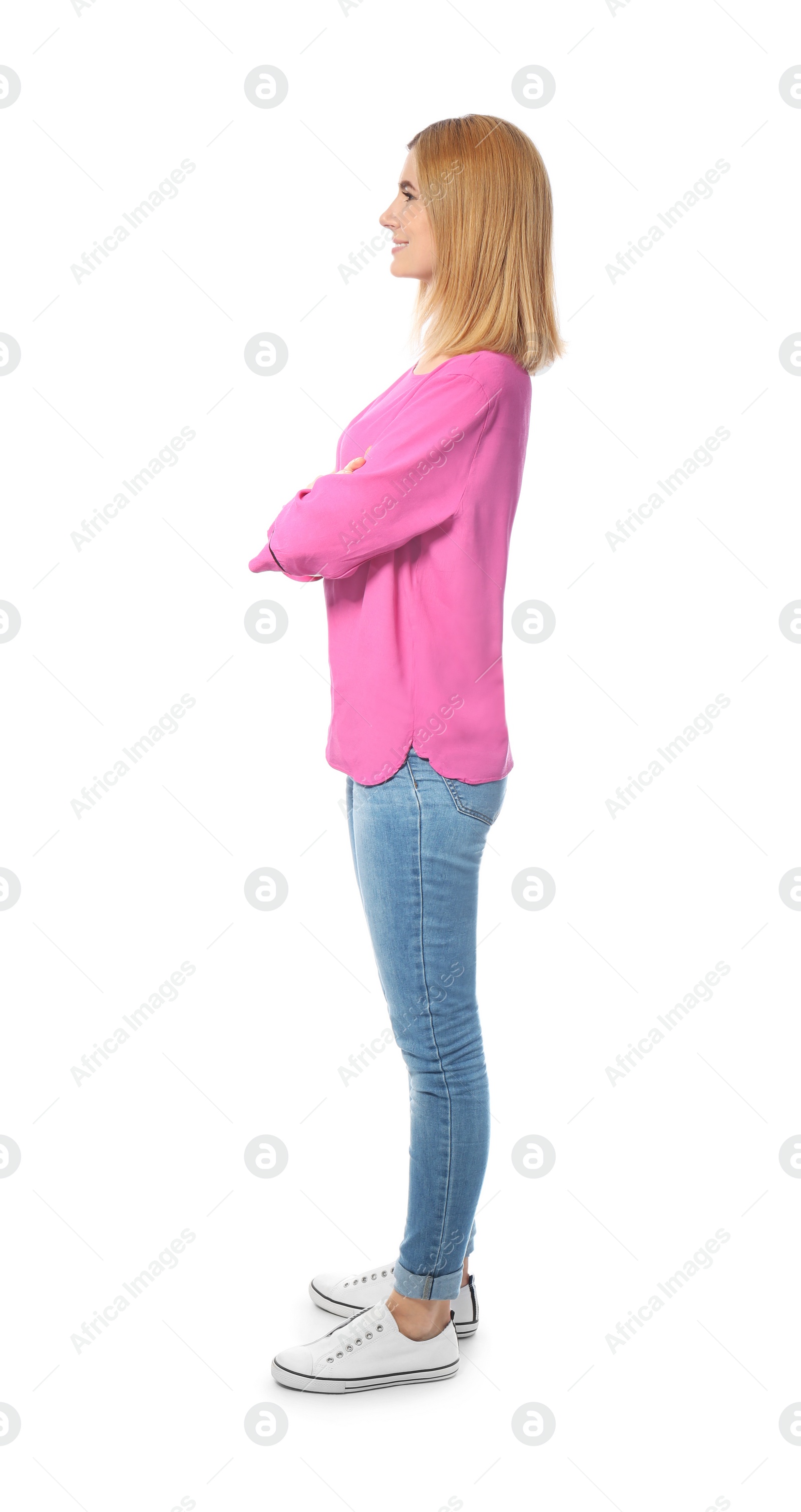 Photo of Full length portrait of beautiful woman posing on white background