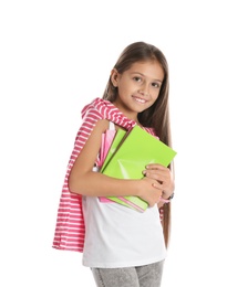 Pretty preteen girl with notebooks against white background