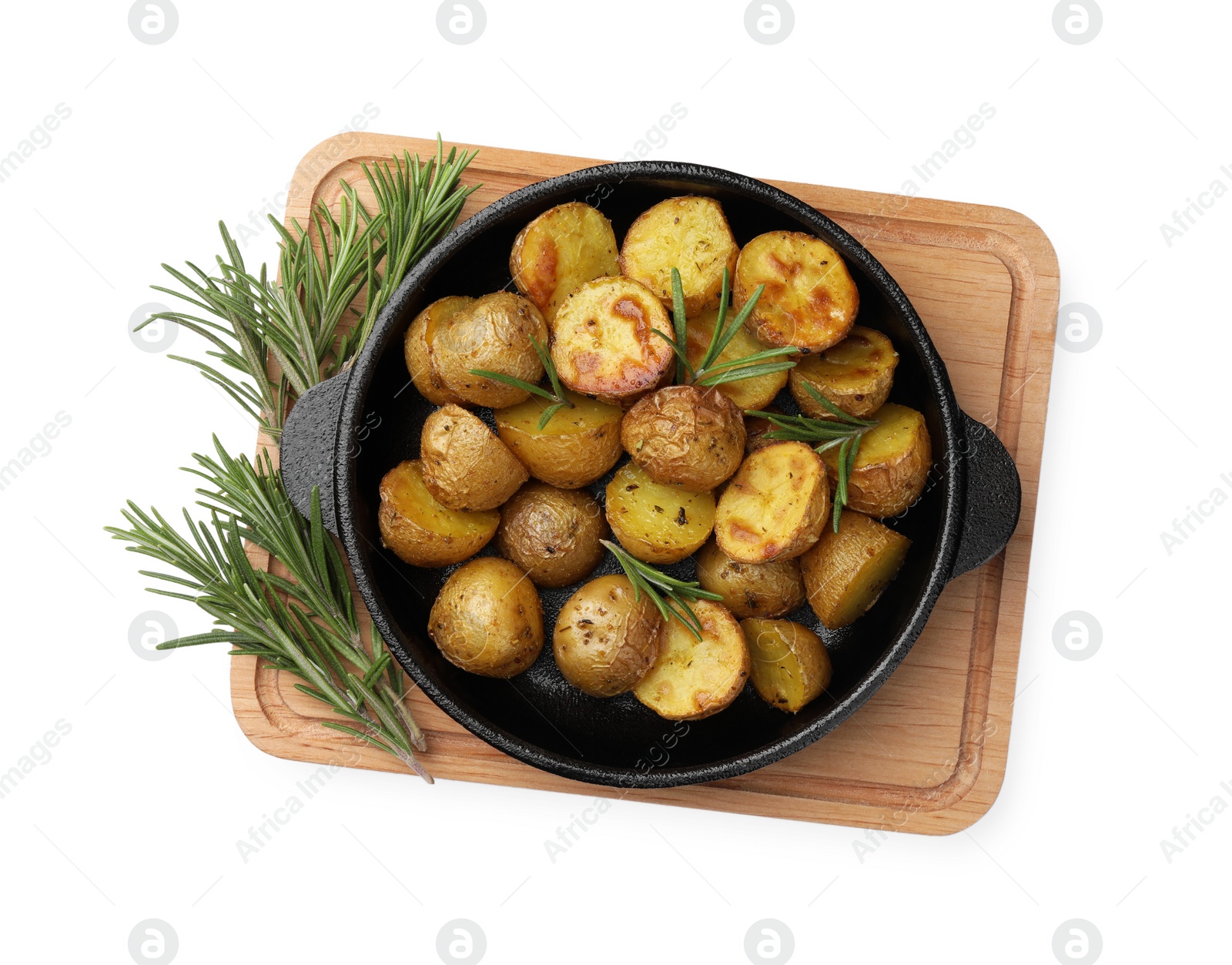 Delicious baked potatoes with rosemary isolated on white, top view Photo of Delicious baked potatoes with rosemary isolated on white, top view