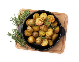 Photo of Delicious baked potatoes with rosemary isolated on white, top view