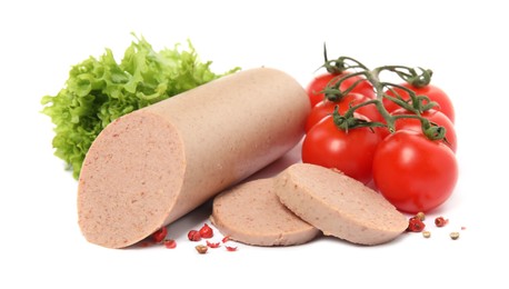 Photo of Delicious liverwurst with cherry tomatoes, lettuce and spices on white background