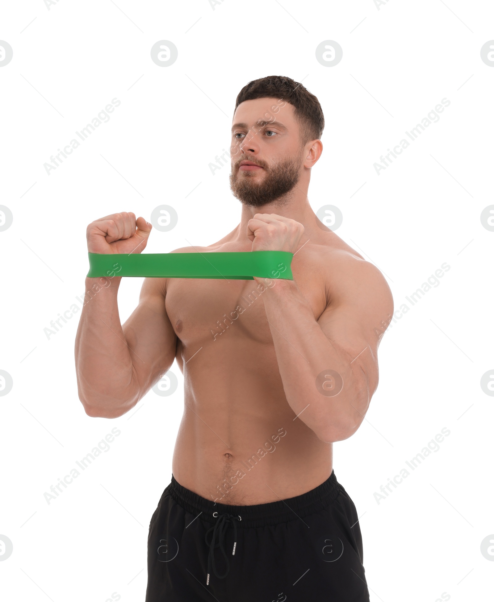 Photo of Young man exercising with elastic resistance band on white background