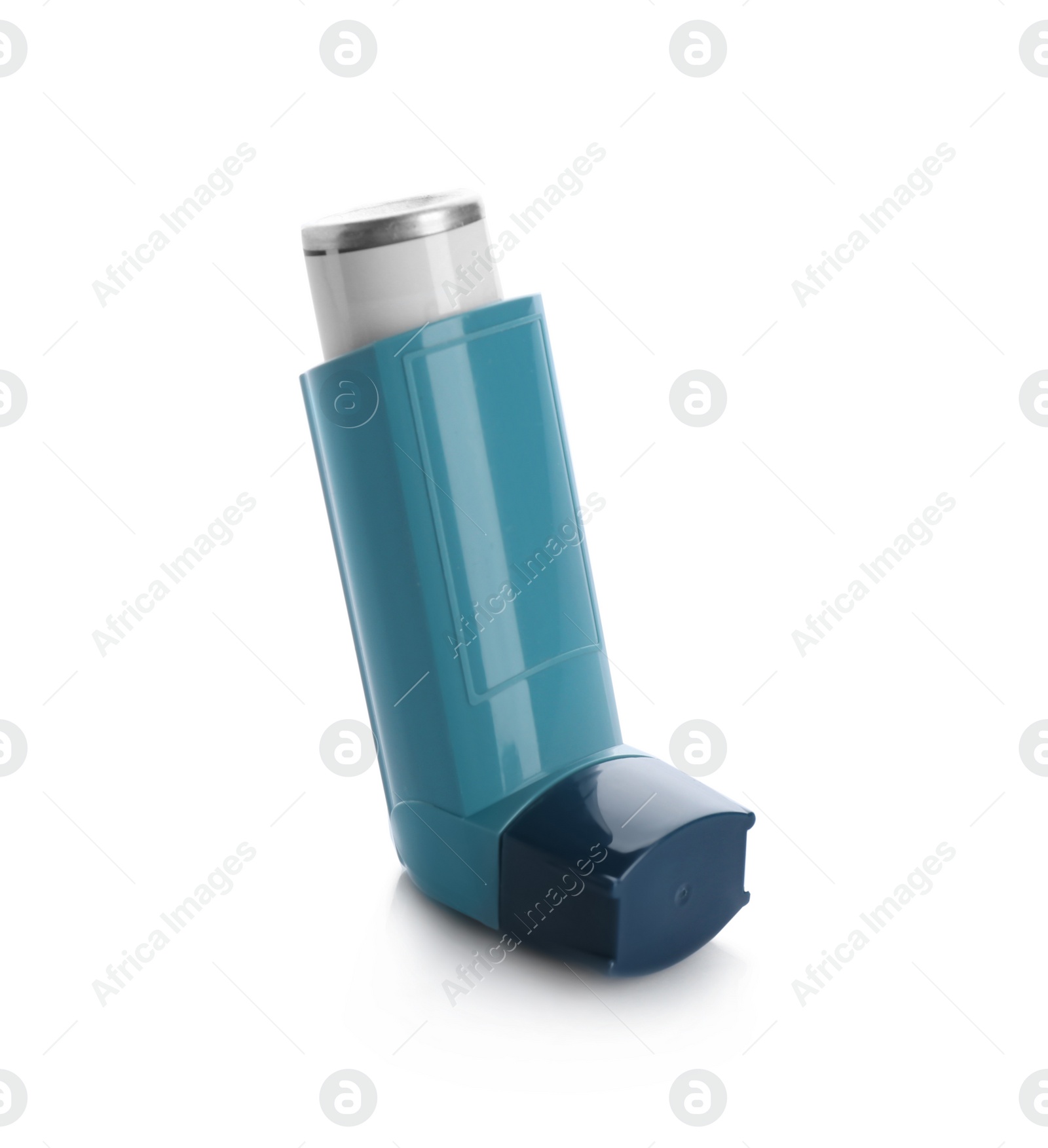 Photo of Portable asthma inhaler device on white background