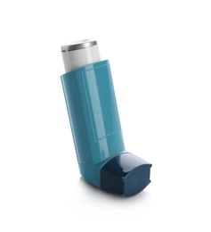 Photo of Portable asthma inhaler device on white background