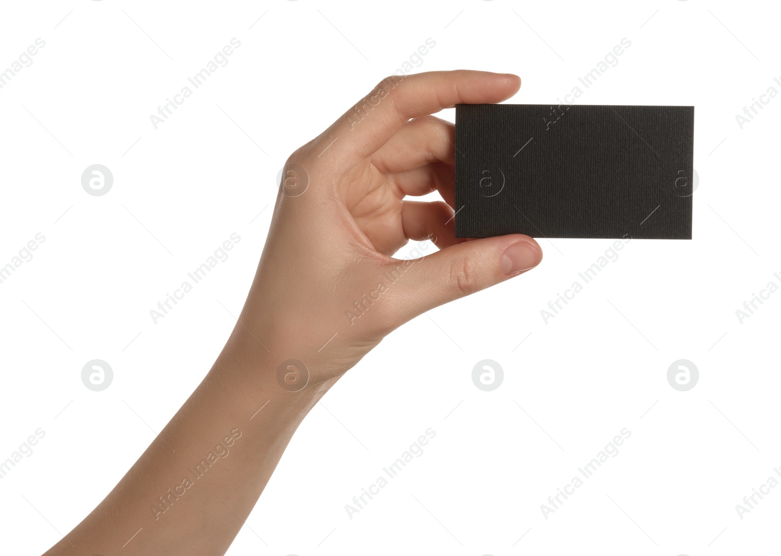 Photo of Woman with blank black business card on white background, closeup. Mockup for design