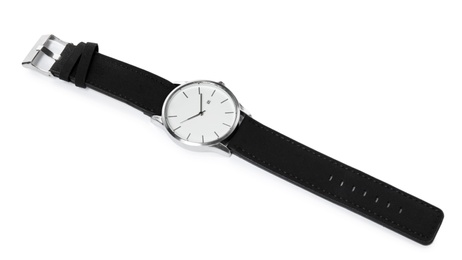 Stylish wrist watch on white background. Fashion accessory