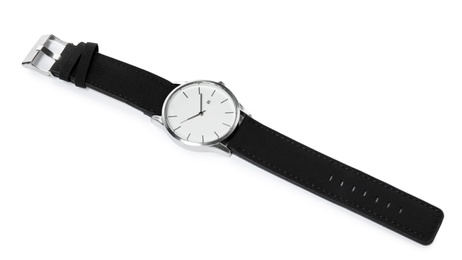 Photo of Stylish wrist watch on white background. Fashion accessory