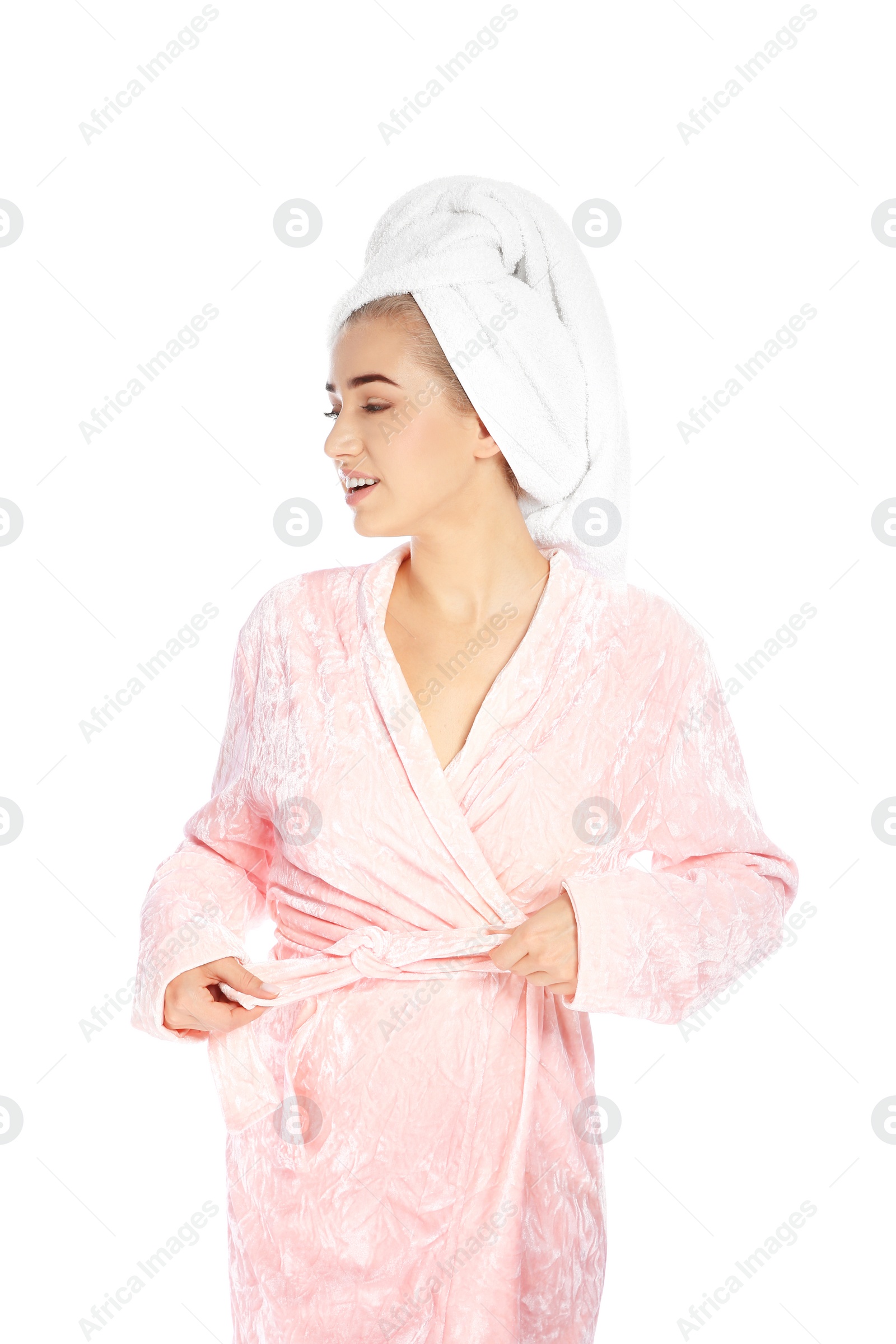 Photo of Portrait of young pretty woman in bathrobe with towel on white background